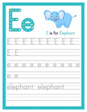 Trace Letter E Uppercase And Lowercase. Alphabet Tracing Practice Preschool Worksheet For Kids Learning English With Cute Cartoon Animal. Activity Page For Pre K, Kindergarten. Vector Illustration