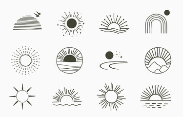 Sticker - Collection of line design with sun.Editable vector illustration for website, sticker, tattoo,icon