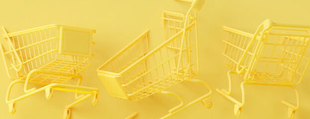 Minimal abstract background for online shopping concept. Shopping cart on yellow background. 3d rendering illustration. Clipping path of each element included.