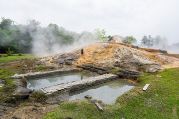 Hydrogen sulfide source, a natural spa in the Republic of Abkhazia. Cloudy day on May 21, 2021