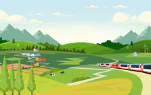 Rain Traveling On Bridge In Summer Landscape Vector Illustration. Cartoon Flat Express Electric Train Travels By Rail Road, Railway In Middle Of Mountain Scenery And Green Trees. Adventure Background