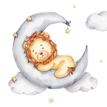 Cute Little Lion Sleeping On Grey Moon; Watercolor Hand Drawn Illustration; With White Isolated
Background
