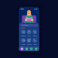 Application for reading night smartphone interface vector template. Mobile app page design layout. Variety of book genresscreen. Electronic book. Flat UI for application. Phone display