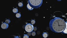 Blue Clocks Coming Out Of The Dark Flying In Space With Stars Towards The Camera. The Clock Arms Are Moving And Stars Flickering. 3D Illustration