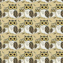 Vector Pattern Of Owls And Feathers. Cute Pattern With Birds.