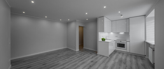 Modern interior of luxury studio apartment after renovation. White kitchen with fridge and oven. Living room without furniture. Panorama view.