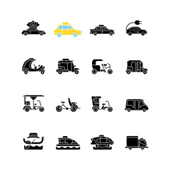 Sticker - Taxi types black glyph icons set on white space. Transporting clients. Taxicab vehicle. Cycle rickshaw. Urban transport. Travel service. Silhouette symbols. Vector isolated illustration