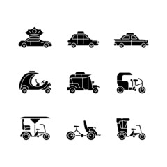 Sticker - Taxicab types black glyph icons set on white space. Personal driver. London cab. Retro car. Coco taxi. Motorized rickshaw. Three-wheeled vehicle. Silhouette symbols. Vector isolated illustration