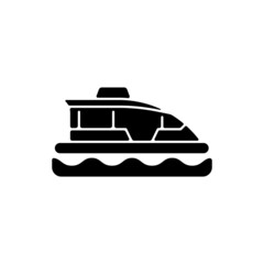 Poster - Water taxi black glyph icon. Traveling across harbour. Water bus. Small yellow boat on river. Ferry service. Sightseeing trip. Silhouette symbol on white space. Vector isolated illustration