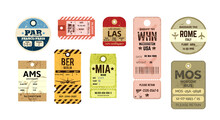 Set Of Vintage Baggage And Luggage Tag. Label For Suitcase Travel Marking With Popular Destinations