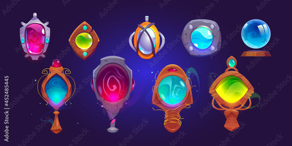 Magic amulets, mirrors and glass sphere. Vector cartoon icons set, gui elements for game about witchcraft or wizard with pendants with gems and crystals in stone and wooden frame - obrazy, fototapety, plakaty 