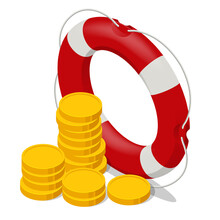 Isometric Stacked Coins In Red Lifebuoy Or Lifebelt. Risk Management Analysis. Insurance Policy Concept. Rescue Of The Money.