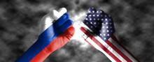 It Combines The American Flag And The Russian Flag And Fist, Tells The Concept Of Communication And Dialogue