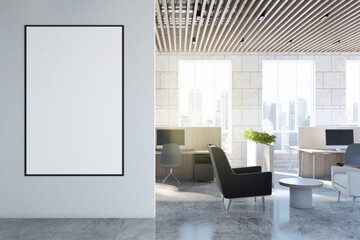 Modern concrete office interior with equipment, armchairs, city view, furniture, devices and empty white mock up frame on wall. 3D Rendering.