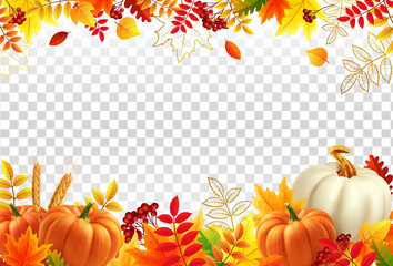 White and yellow pumpkins, orange leaves on transparent background. Autumn festival invitation. Border from autumn leaves and pumpkins. Postcard or banner. 3d realistic vector illustration.