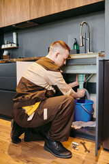 Wall Mural - Modern plumber in workwear changing pipe under sink in the kitchen