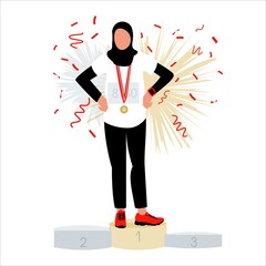 Muslim girl in hijab and sportswear. The female winner in the games of the competition stands on the winners podium in first place with a gold medal.
Modern vector illustration concept. EPS10