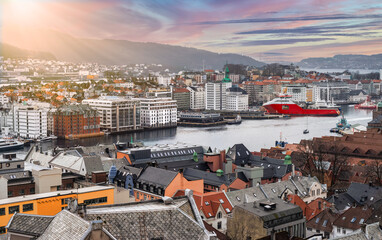 Fototapete - City and harbor landscape of Bergen in Norway.