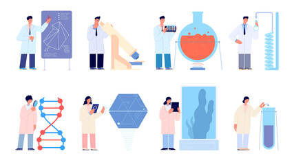 Wall Mural - Laboratory workers. Engineer researcher, scientist work with lab equipment. Biologist researching, science technology students utter vector set