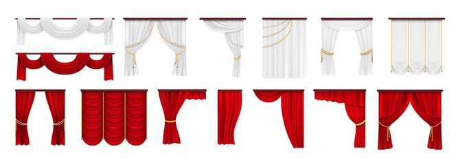 curtains set. red white curtain, isolated textile theater drape collection. hanging fabric with gold