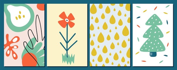 Poster - Abstract contemporary cards. Four seasons symbols, flower rain drops and christmas tree with snowballs. Cute modern vector design elements