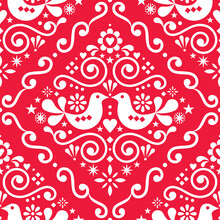 Scandinavian Floral Seamless Vector Pattern, Repetitive Folk Art Textile Nordic Design With Birds And Flower In White On Red
