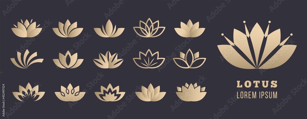 Lotus logo set. Yoga meditation, wellbeing and relaxation symbols. Golden simple flowers, healthcare and lifestyle vector icons - obrazy, fototapety, plakaty 