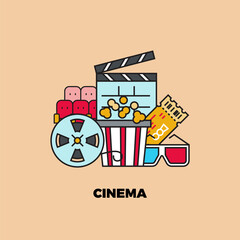 Wall Mural - Online cinema. Web movie service concept, internet channel. Line popcorn, 3d glasses, red theater seats icons, vector entertainment symbols image