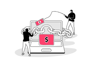 Fototapete - Illustration of ransomware symbol with a laptop and two hackers. Easy to use for your website or presentation.