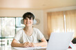 © Alena Yakusheva - child girl, online learning, digital education, home schooling, studying at home