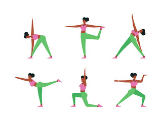 Wall Mural - Yoga characters. Healthy lifestyle active female person in yoga poses sportive stretch fitness young people garish vector flat illustrations