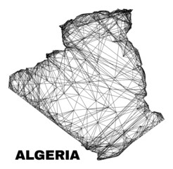 Wall Mural - carcass irregular mesh Algeria map. Abstract lines are combined into Algeria map. Wire carcass 2D net in vector format. Vector structure is created for Algeria map using intersected random lines.