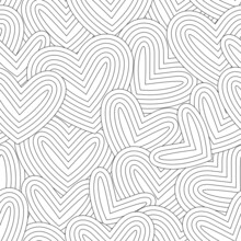 Black And White Seamless Pattern For Coloring Book In Doodle Style. Hearts, Swirls, Ringlets.