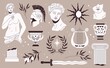 Antique sculptures. Traditional greek style monuments and art objects, gypsum and marble elements, statues portrait, busts and statues. Olive branch, harp and sword. Vector isolated set
