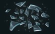 Scattered glass shatters. Realistic explosion flying sharp particles, broken transparent fragments, different 3D pieces. Damaged window backdrop, Vector isolated on black background concept