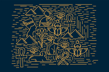 Egyptian elements poster gold. An illustration in a vector with the symbols of Egypt of the old. Gods, Scarabs, Eyes, Cats, Keys and Pyramids. Linear pattern of the ancient world of Egypt. Vector