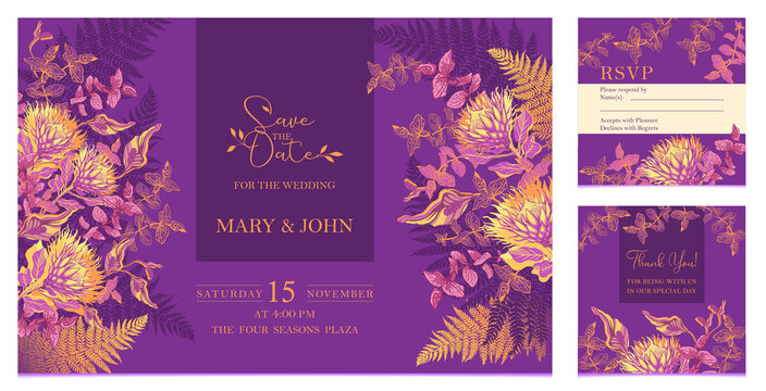 Luxury fashion wedding invitation set template with exotic protea flowers, fern. Vector illustration. Suitable for design of fabric, linen, shawls, packaging, scrapbooks, wallpaper.