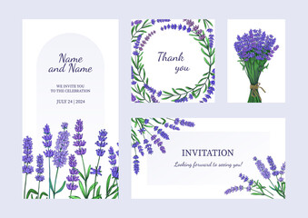 Wall Mural - Lavender posters. Greeting card and invitation with bouquets of odorous garden flowers. Purple blooming plants. Celebration banners set with blossom herbs. Vector brochures and flyers