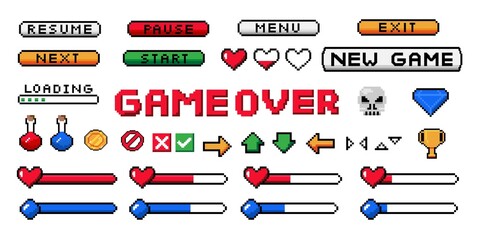 Pixel game UI. 8-bit interface buttons and arrows. Health and mana progress bar. Start or pause, resume and exit icons. Isolated menu sings collection. Vector screen navigation set