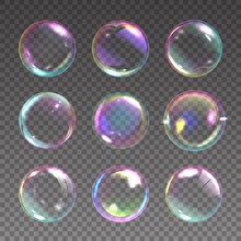 Realistic Soap Bubble. Detergent Foam Rainbow Colored Ball, Laundry And Shower Color Iridescent Clear Shampoo Bubbles. Shiny Washing Circles. Vector Isolated On Transparent Background Set