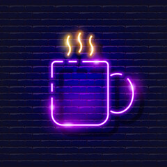 Wall Mural - Cup neon sign. Cup with coffee icon. New Year and Christmas concept. Vector illustration for design.