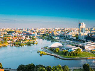 Wall Mural - Minsk, Belarus. Cityscape of Minsk, Belarus. Summer season, sunset time. Nemiga district.