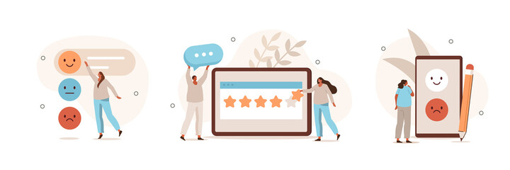 Wall Mural - People сharacters giving feedback and choosing emoji to show satisfaction rating. Customer service and user experience concept. Flat cartoon vector illustration and icon set.