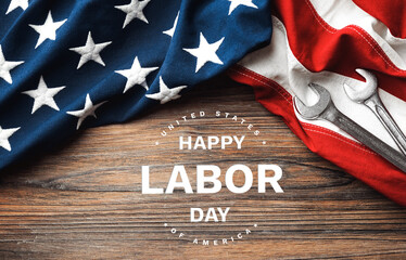Wall Mural - Happy Labor Day. American Flag On Wooden Background
