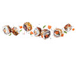 Fresh sushi rolls with ingredients in the air on white background