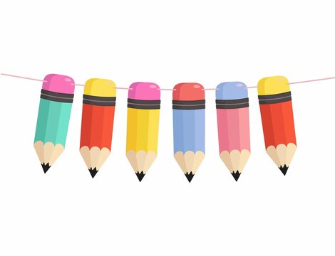 Wall Mural - Flat style pencils garland. Colorful decor element for back to school, graduation party, invitation, prints, classroom etc. Vector illustration. Green, red, yellow, blue and pink cartoon pencils.