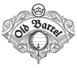 Old barrel ornate decorative monochrome emblem