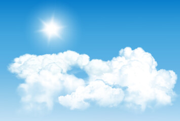 Aufkleber - Blue sky background with white  transparent clouds and sun. Vector illustration.
