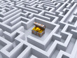 Treasure chest inthe middle of the maze, success 3d concept, 3d rendering
