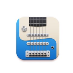 Sticker - Electric guitar music app interface, 3d vector design element, instrument with strings and tuner isolated on white background. Icon for audio player app, ui graphic for mobile application or website